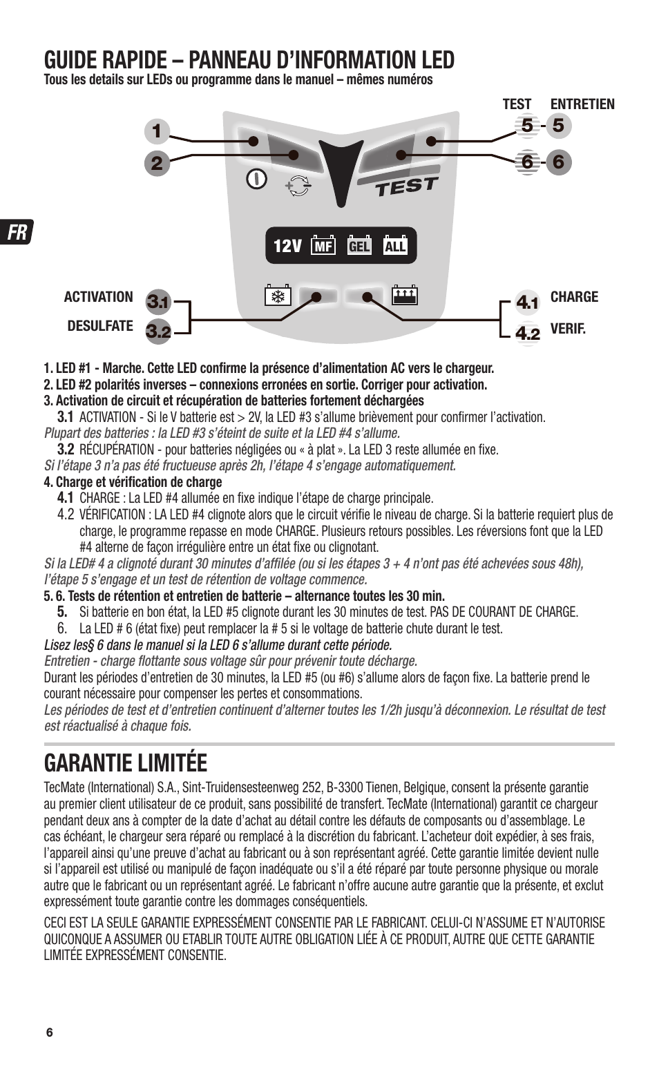 Guide rapide – panneau d’information led, Garantie limitée | TecMate Optimate3+ User Manual | Page 6 / 36