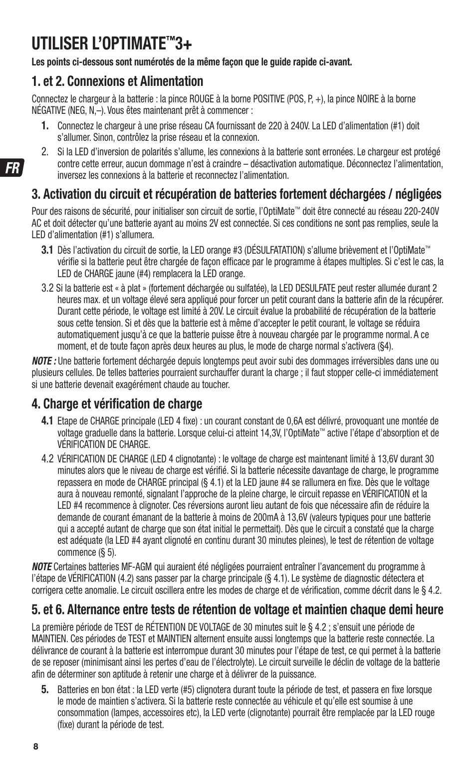 Utiliser l’optimate, Et 2. connexions et alimentation, Charge et vériﬁ cation de charge | TecMate Optimate3+ User Manual | Page 8 / 36