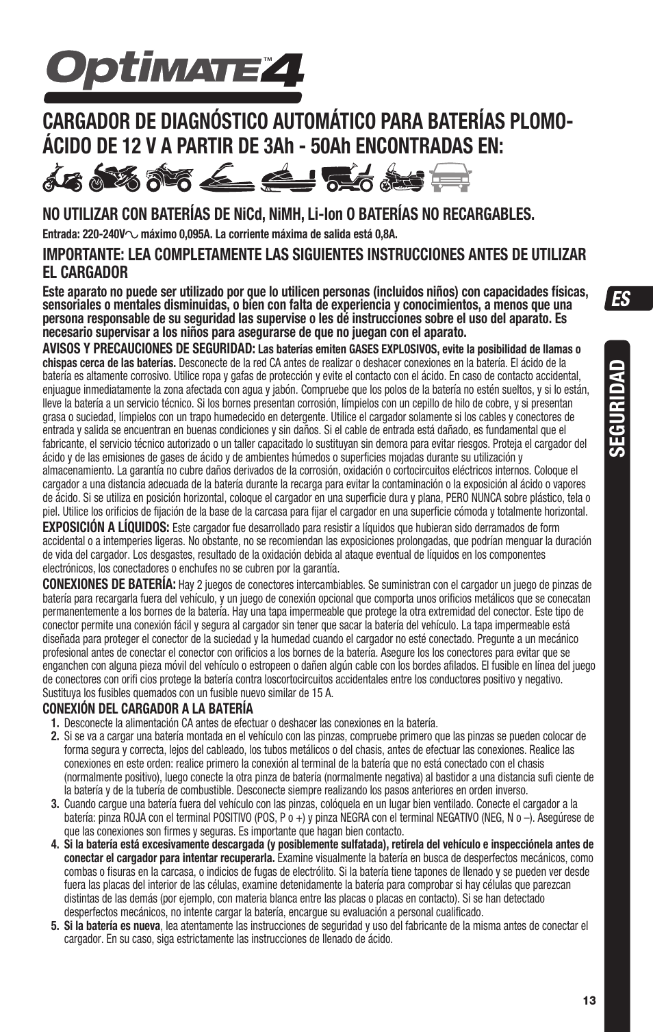 Segurid ad | TecMate Optimate4 Dual Program User Manual | Page 13 / 44