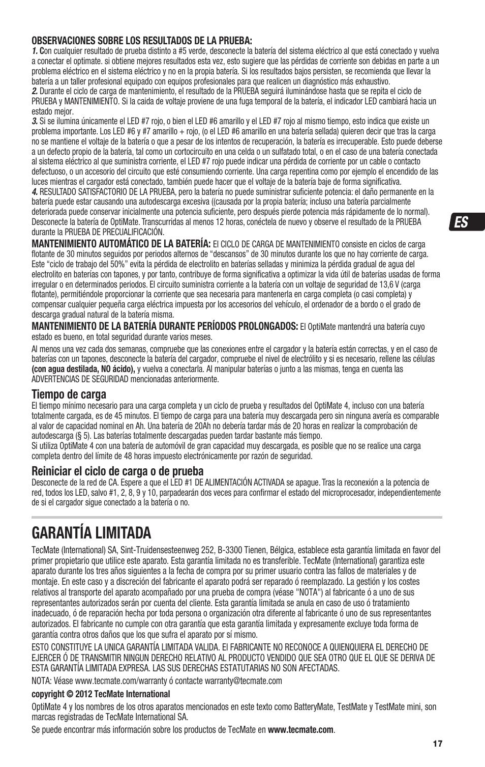 Garantía limitada, Tiempo de carga, Reiniciar el ciclo de carga o de prueba | TecMate Optimate4 Dual Program User Manual | Page 17 / 44