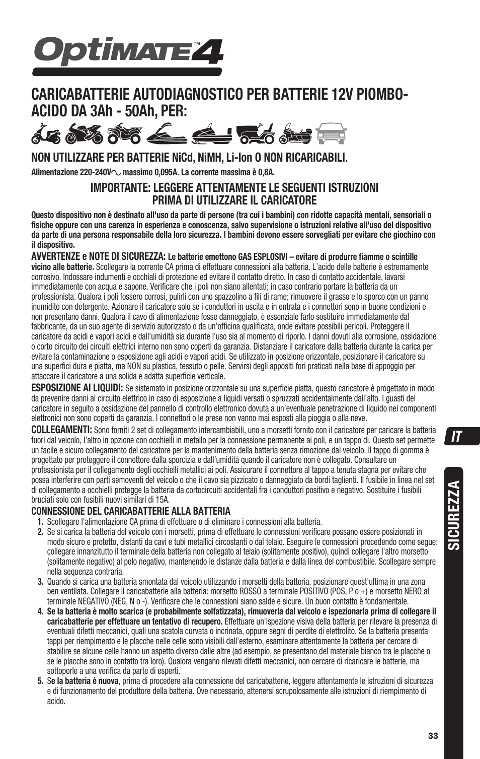 Sicurezza | TecMate Optimate4 Dual Program User Manual | Page 33 / 44