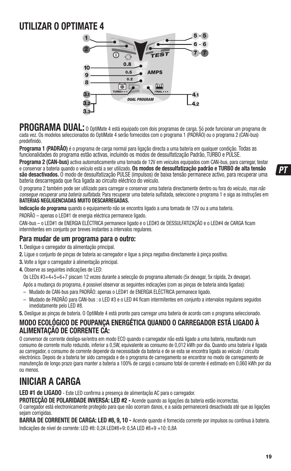 Utilizar o optimate 4, Programa dual, Iniciar a carga | Para mudar de um programa para o outro | TecMate Optimate4 CAN-bus edition User Manual | Page 19 / 44