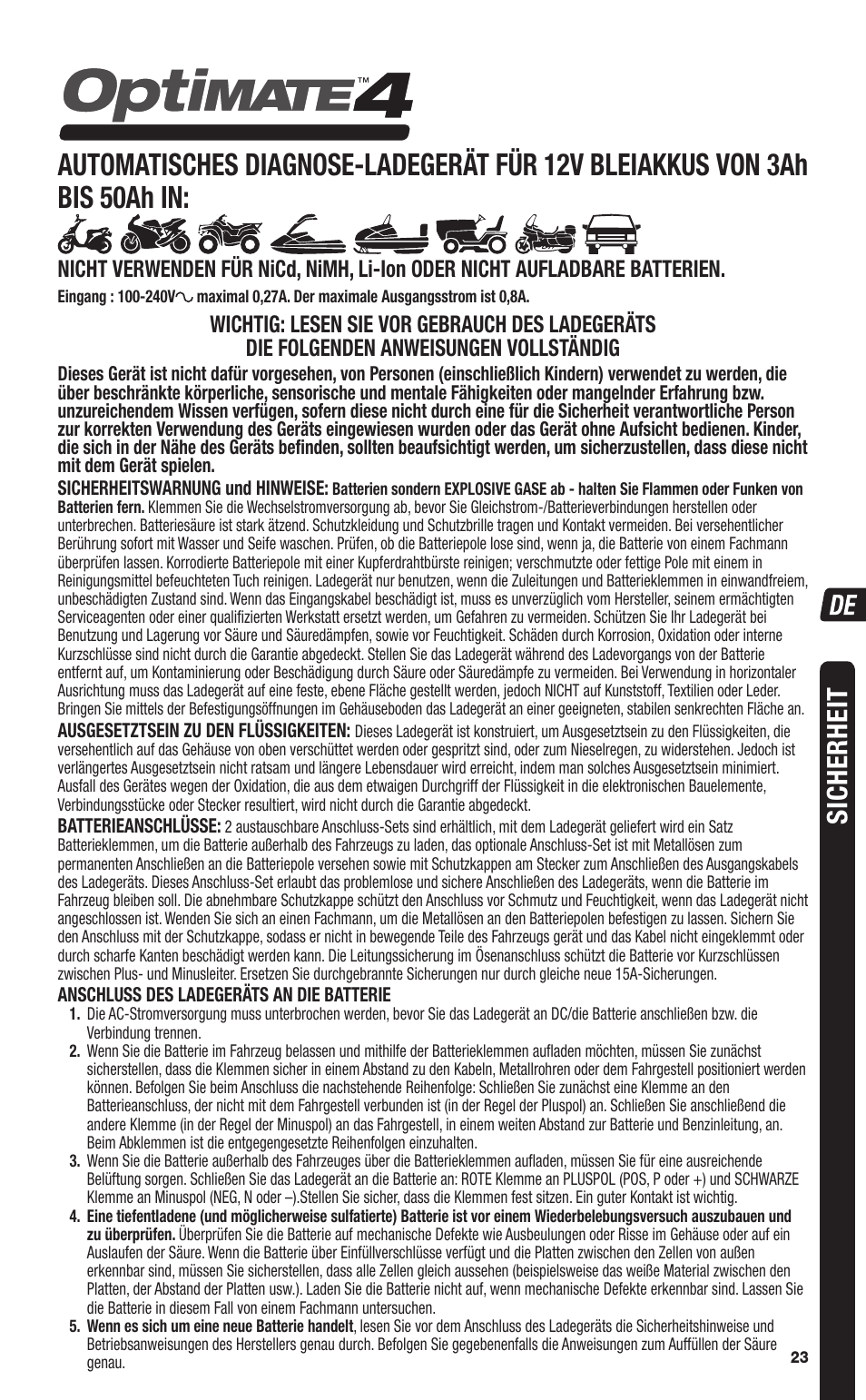 Sicherheit | TecMate Optimate4 CAN-bus edition User Manual | Page 23 / 44