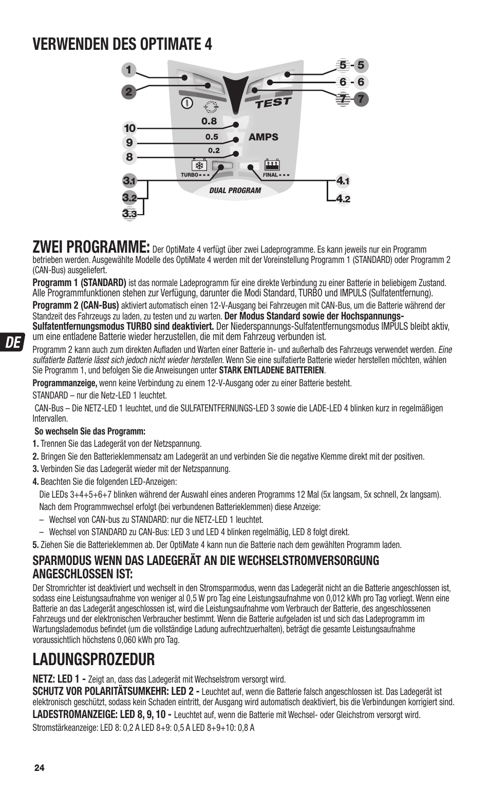 Verwenden des optimate 4, Zwei programme, Ladungsprozedur | TecMate Optimate4 CAN-bus edition User Manual | Page 24 / 44