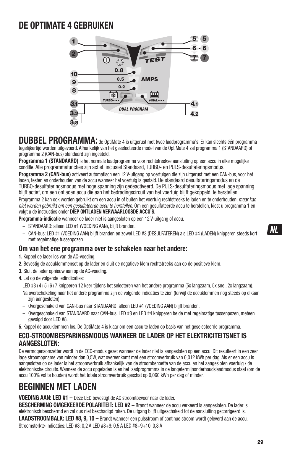 De optimate 4 gebruiken, Dubbel programma, Beginnen met laden | TecMate Optimate4 CAN-bus edition User Manual | Page 29 / 44