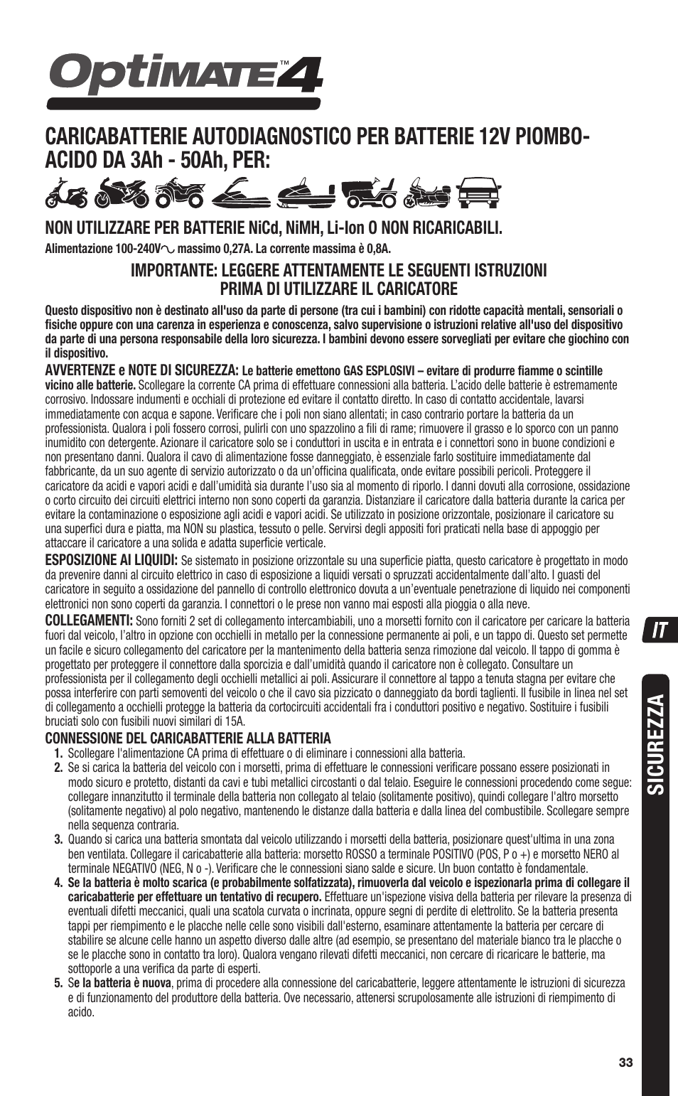 Sicurezza | TecMate Optimate4 CAN-bus edition User Manual | Page 33 / 44