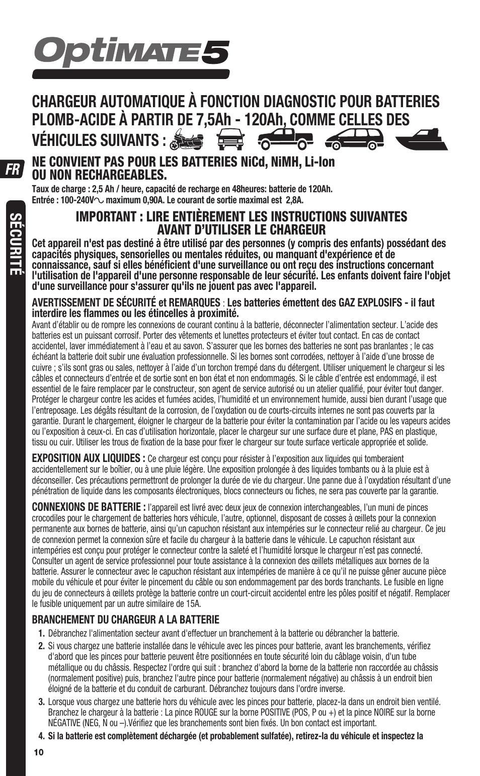 Comme celles des véhicules suivants, Sécurité | TecMate Optimate5 User Manual | Page 10 / 32