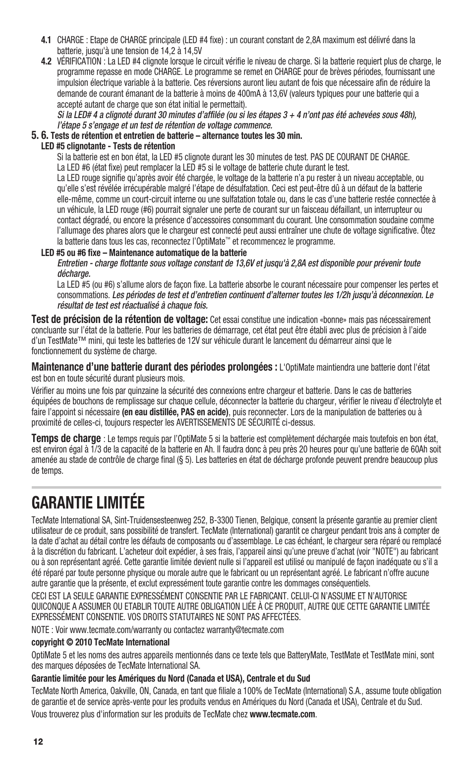 Garantie limitée | TecMate Optimate5 User Manual | Page 12 / 32