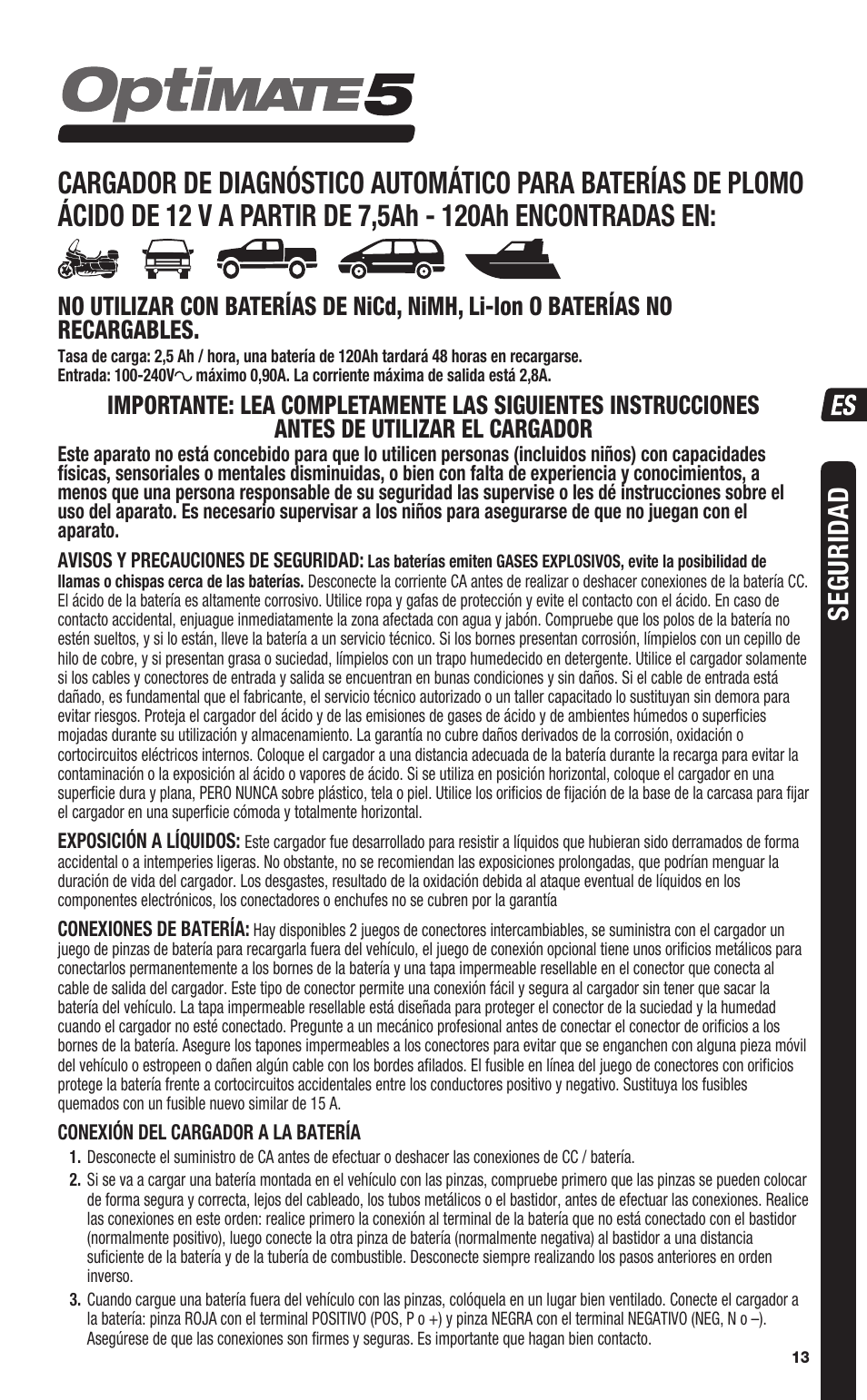 Segurid ad | TecMate Optimate5 User Manual | Page 13 / 32