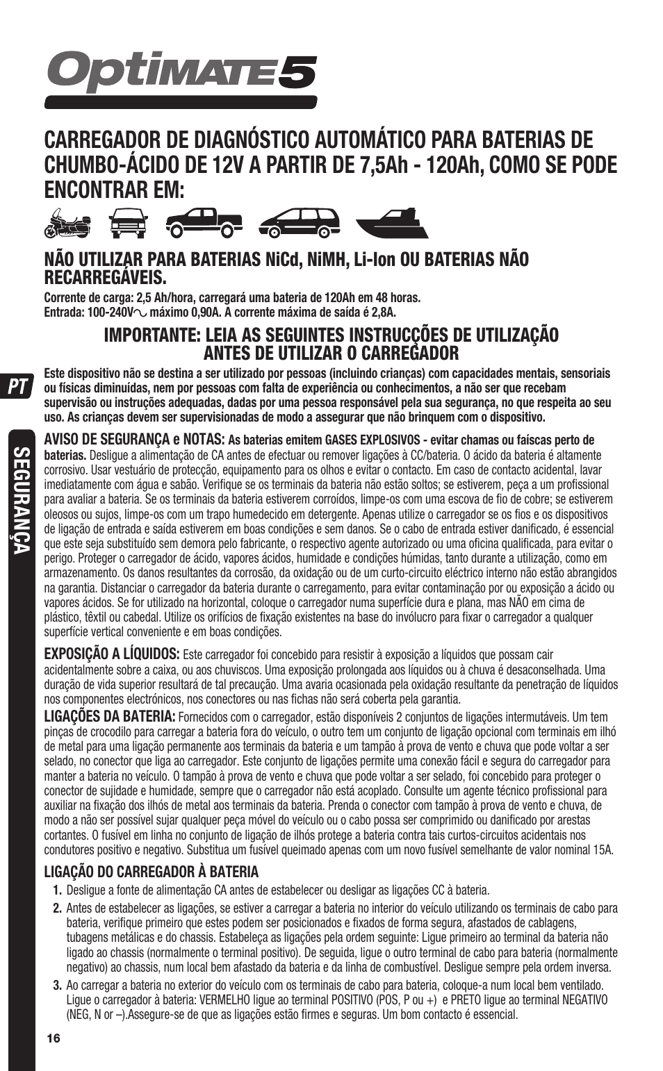 Seguranç a | TecMate Optimate5 User Manual | Page 16 / 32