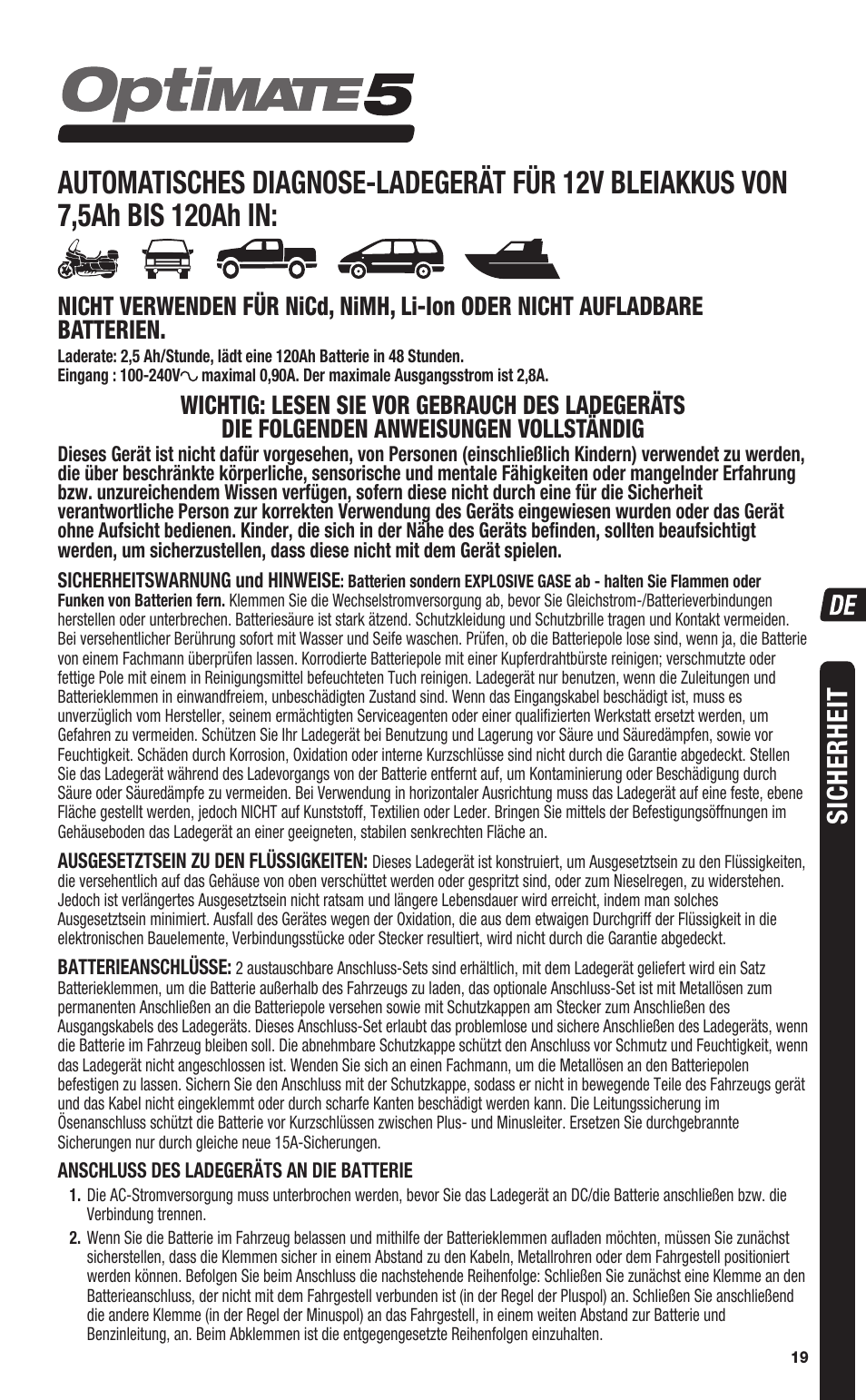 Sicherheit | TecMate Optimate5 User Manual | Page 19 / 32