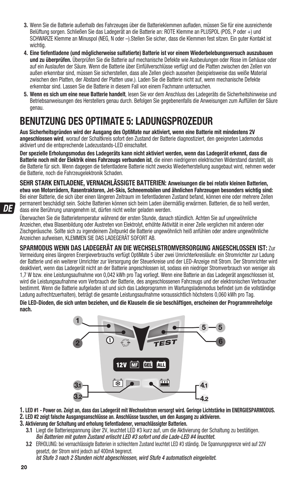 Benutzung des optimate 5: ladungsprozedur | TecMate Optimate5 User Manual | Page 20 / 32