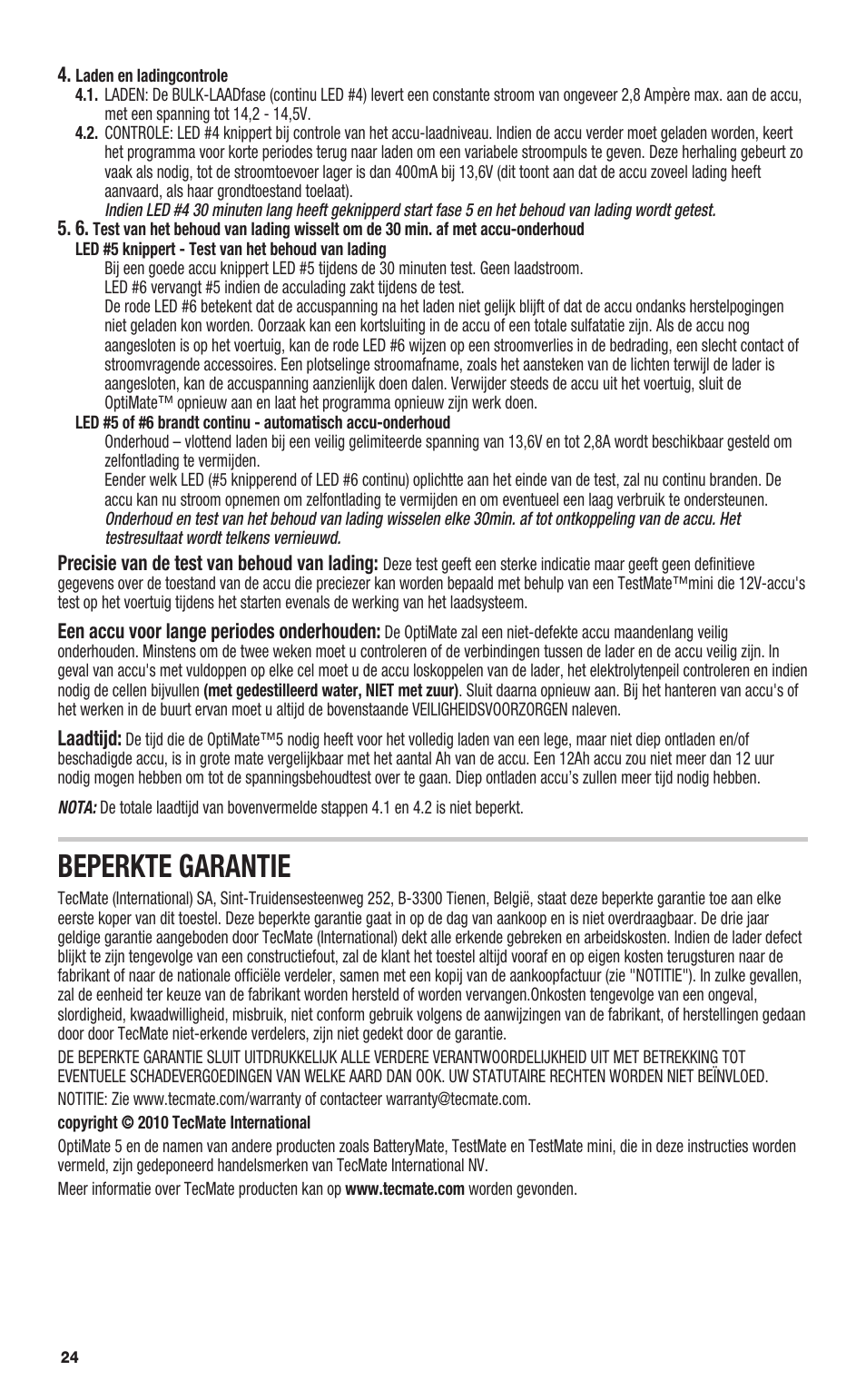 Beperkte garantie | TecMate Optimate5 User Manual | Page 24 / 32