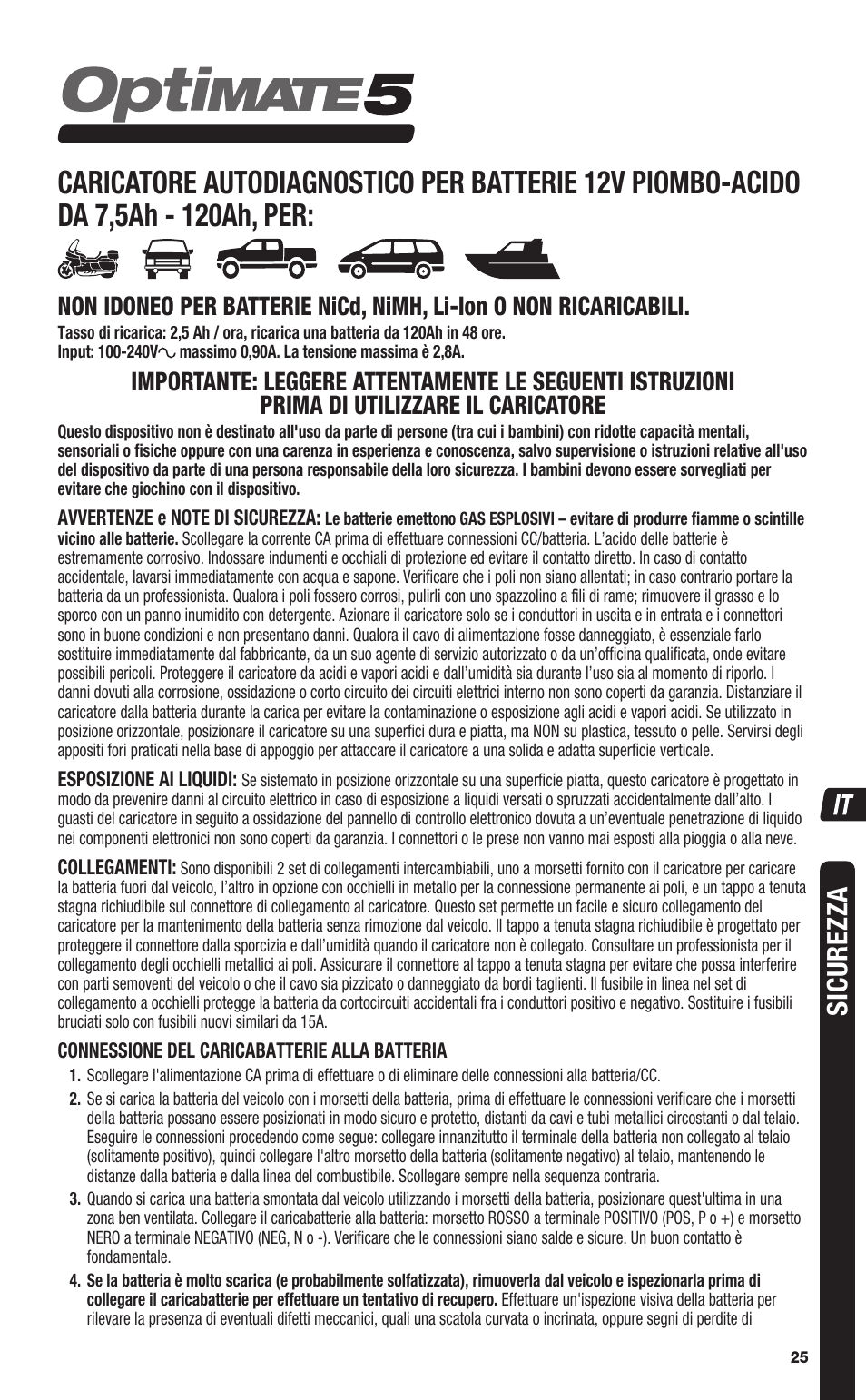 Sicurezza | TecMate Optimate5 User Manual | Page 25 / 32