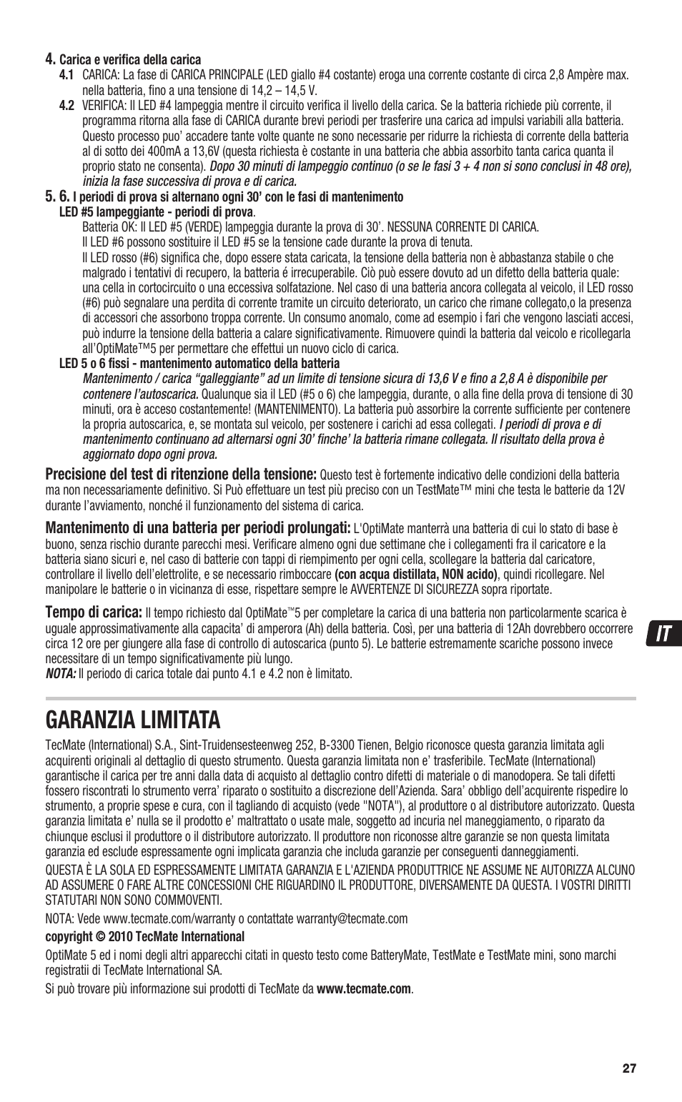 Garanzia limitata | TecMate Optimate5 User Manual | Page 27 / 32