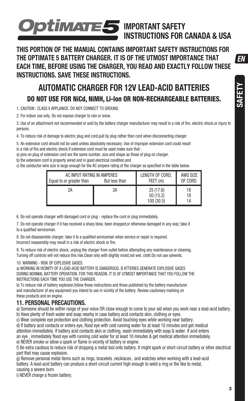 Automatic charger for 12v lead-acid batteries, Important safety instructions for canada & usa, Safety | Personal precautions | TecMate Optimate5 User Manual | Page 3 / 32