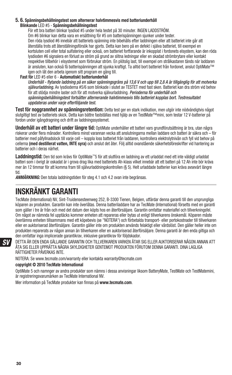 Inskränkt garanti | TecMate Optimate5 User Manual | Page 30 / 32