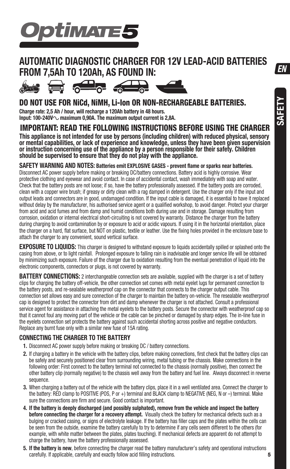 Safety | TecMate Optimate5 User Manual | Page 5 / 32