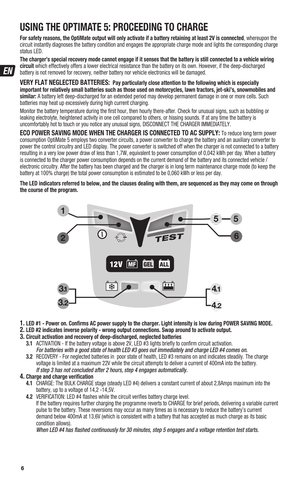 Using the optimate 5: proceeding to charge | TecMate Optimate5 User Manual | Page 6 / 32