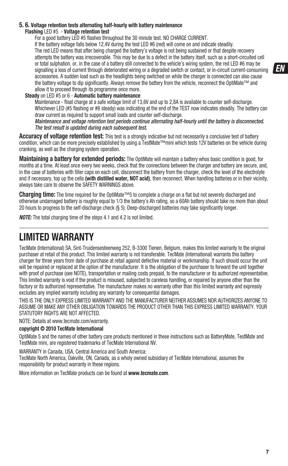 Limited warranty | TecMate Optimate5 User Manual | Page 7 / 32