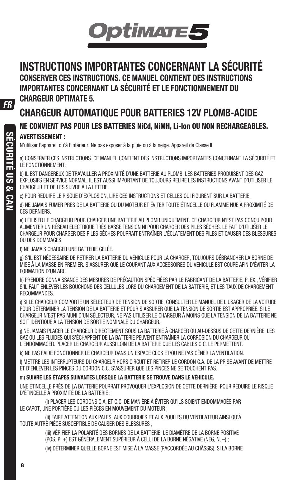 Instructions importantes concernant la sécurité, Sécurité us & c a n | TecMate Optimate5 User Manual | Page 8 / 32