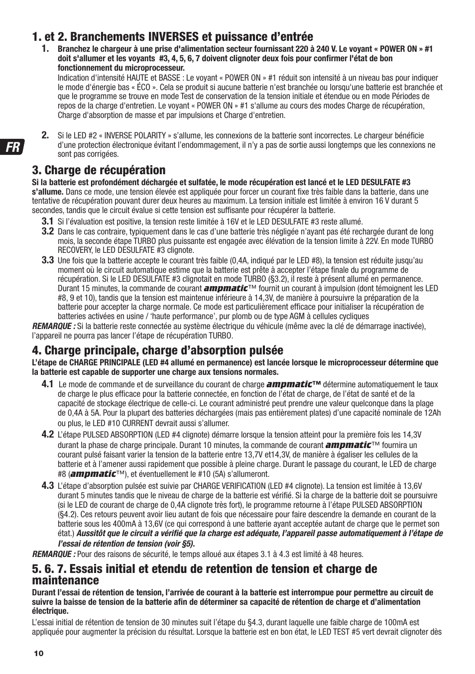 Et 2. branchements inverses et puissance d’entrée, Charge de récupération, Charge principale, charge d’absorption pulsée | TecMate Optimate6 User Manual | Page 10 / 44