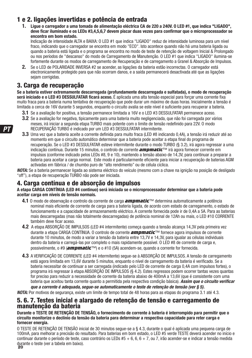 1 e 2. ligações invertidas e potência de entrada, Carga de recuperação, Carga contínua e de absorção de impulsos | TecMate Optimate6 User Manual | Page 20 / 44