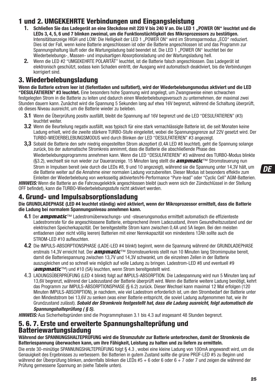 Wiederbelebungsladung, Grund- und impulsabsorptionsladung | TecMate Optimate6 User Manual | Page 25 / 44