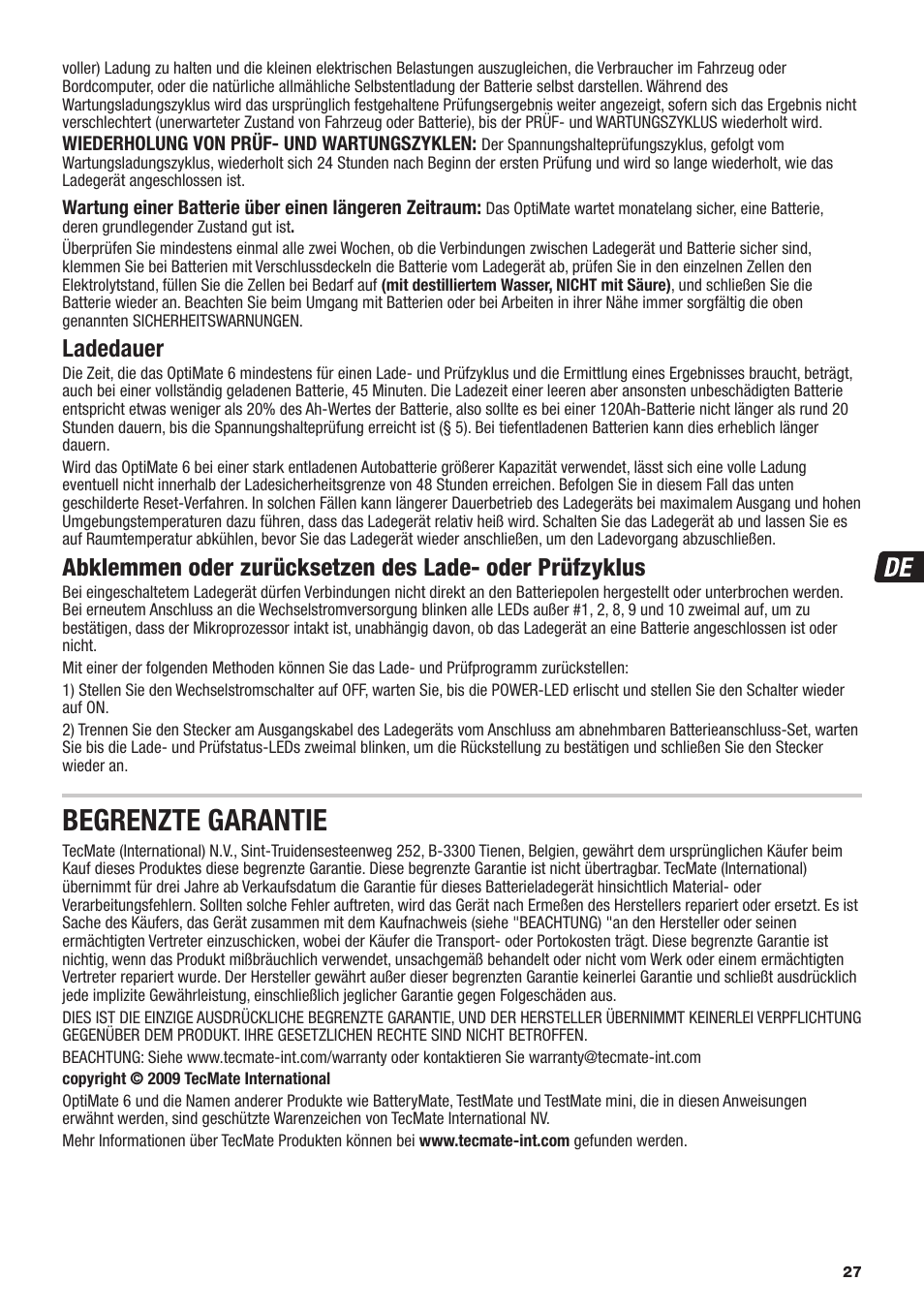 Begrenzte garantie, Ladedauer | TecMate Optimate6 User Manual | Page 27 / 44