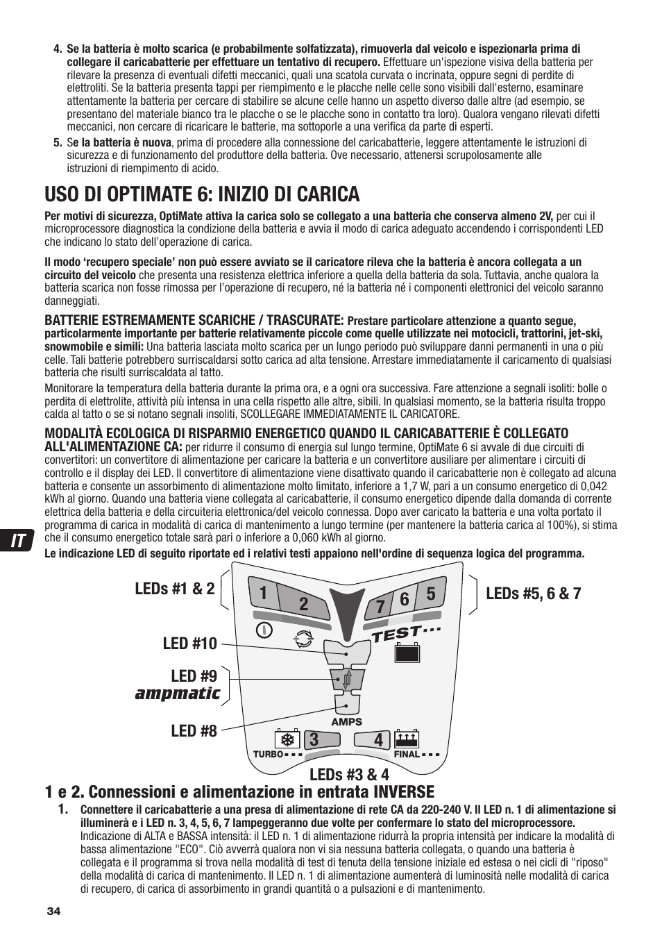 Uso di optimate 6: inizio di carica | TecMate Optimate6 User Manual | Page 34 / 44