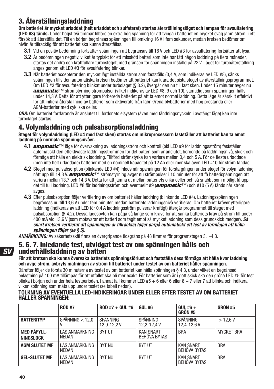 Återställningsladdning, Volymladdning och pulsabsorptionsladdning | TecMate Optimate6 User Manual | Page 40 / 44