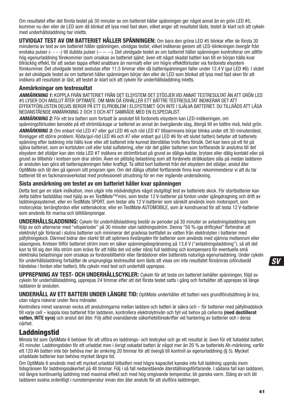 Laddningstid | TecMate Optimate6 User Manual | Page 41 / 44