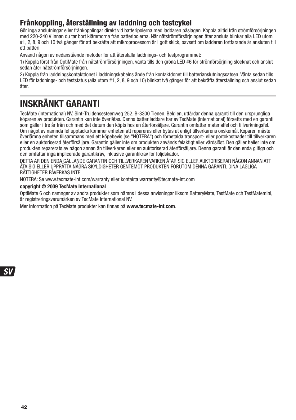 Inskränkt garanti | TecMate Optimate6 User Manual | Page 42 / 44