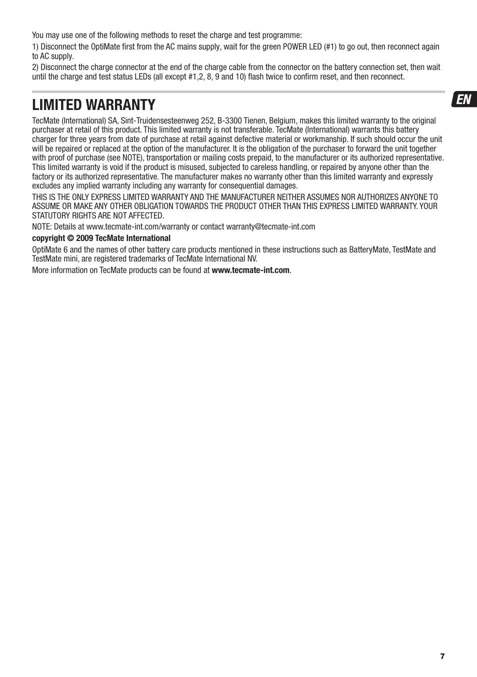 Limited warranty | TecMate Optimate6 User Manual | Page 7 / 44