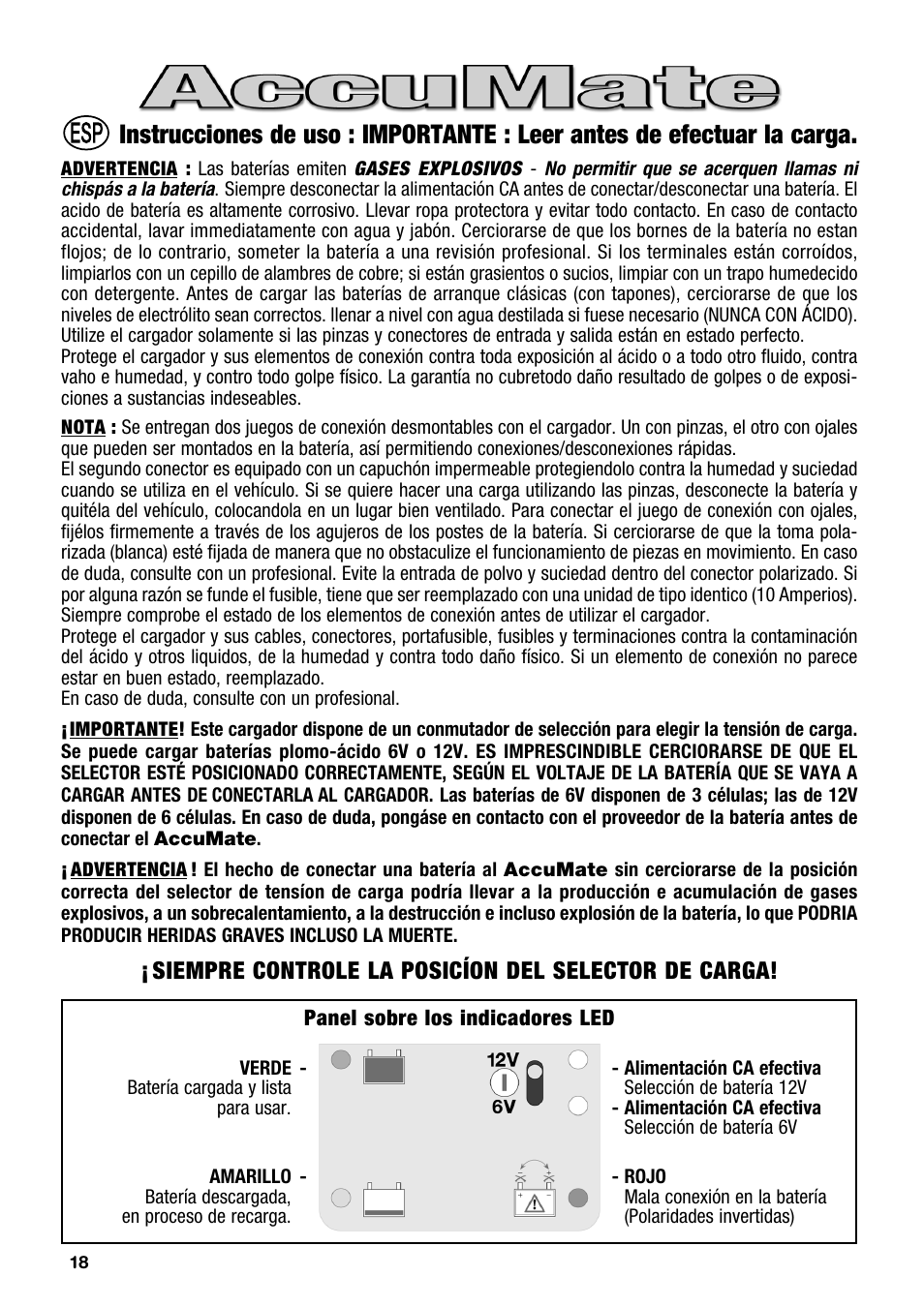 Siempre controle la posicíon del selector de carga | TecMate Accumate 6/12 User Manual | Page 18 / 24