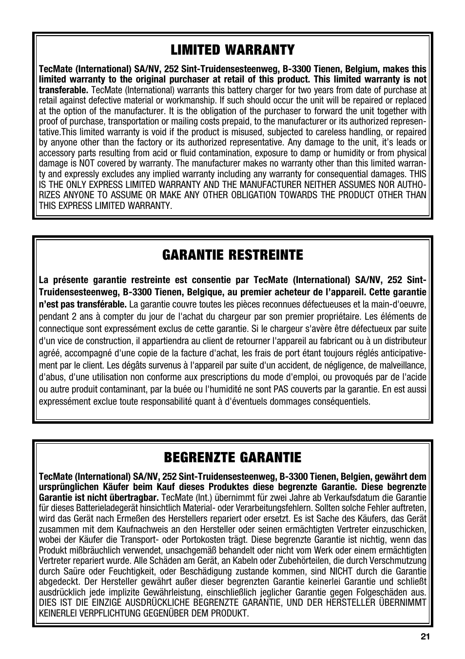 Limited warranty, Garantie restreinte, Begrenzte garantie | TecMate Accumate 6/12 User Manual | Page 21 / 24
