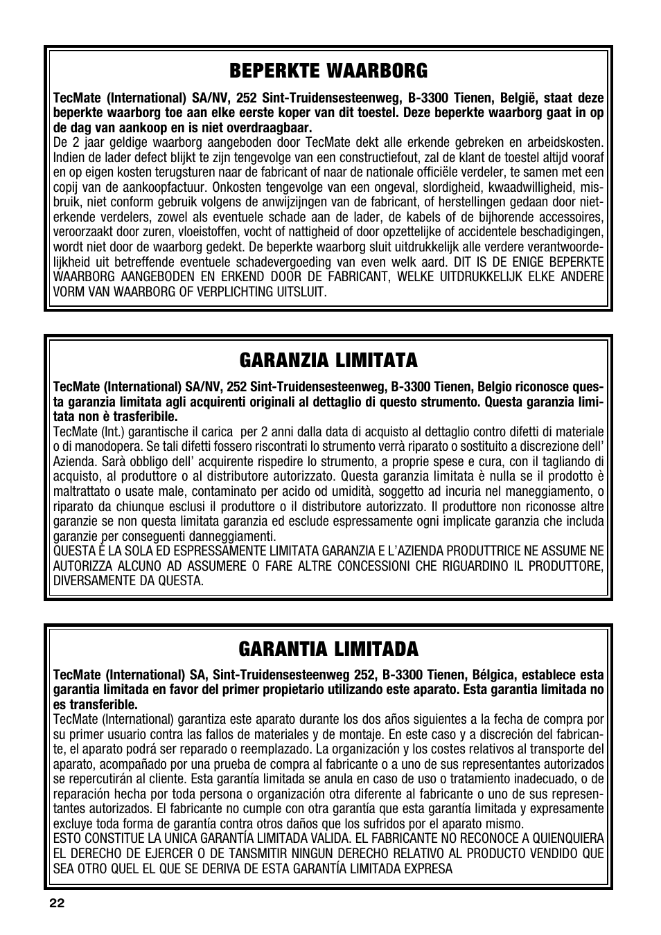 Beperkte waarborg, Garanzia limitata, Garantia limitada | TecMate Accumate 6/12 User Manual | Page 22 / 24