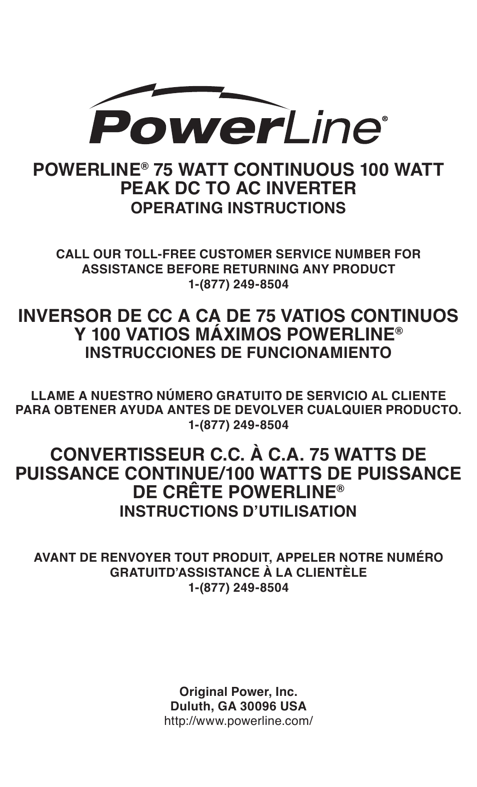 Powerline 75 Watt Inverter User Manual | 8 pages