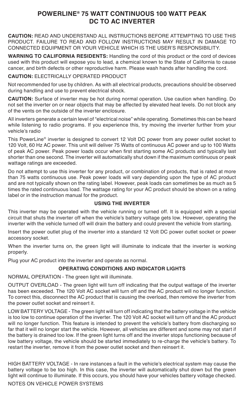 Powerline | Powerline 75 Watt Inverter User Manual | Page 2 / 8