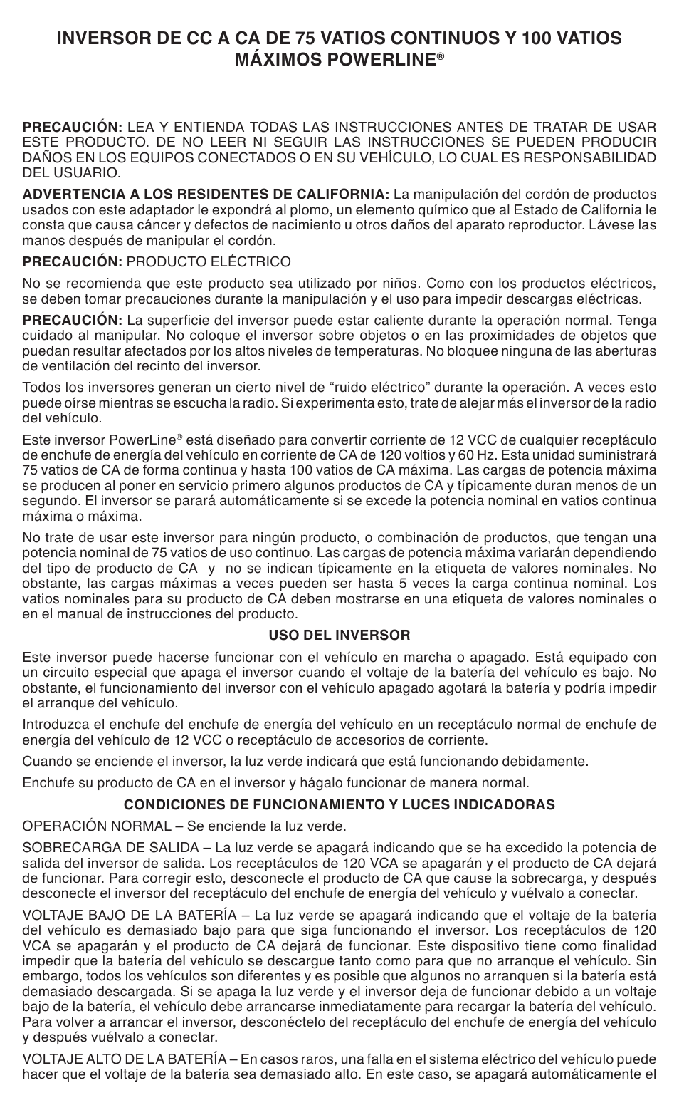 Powerline 75 Watt Inverter User Manual | Page 4 / 8