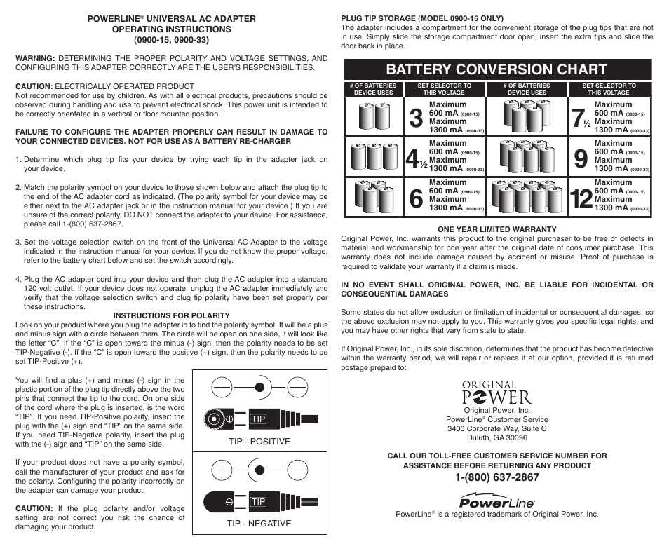 Powerline Universal AC to DC Adapter User Manual | 2 pages