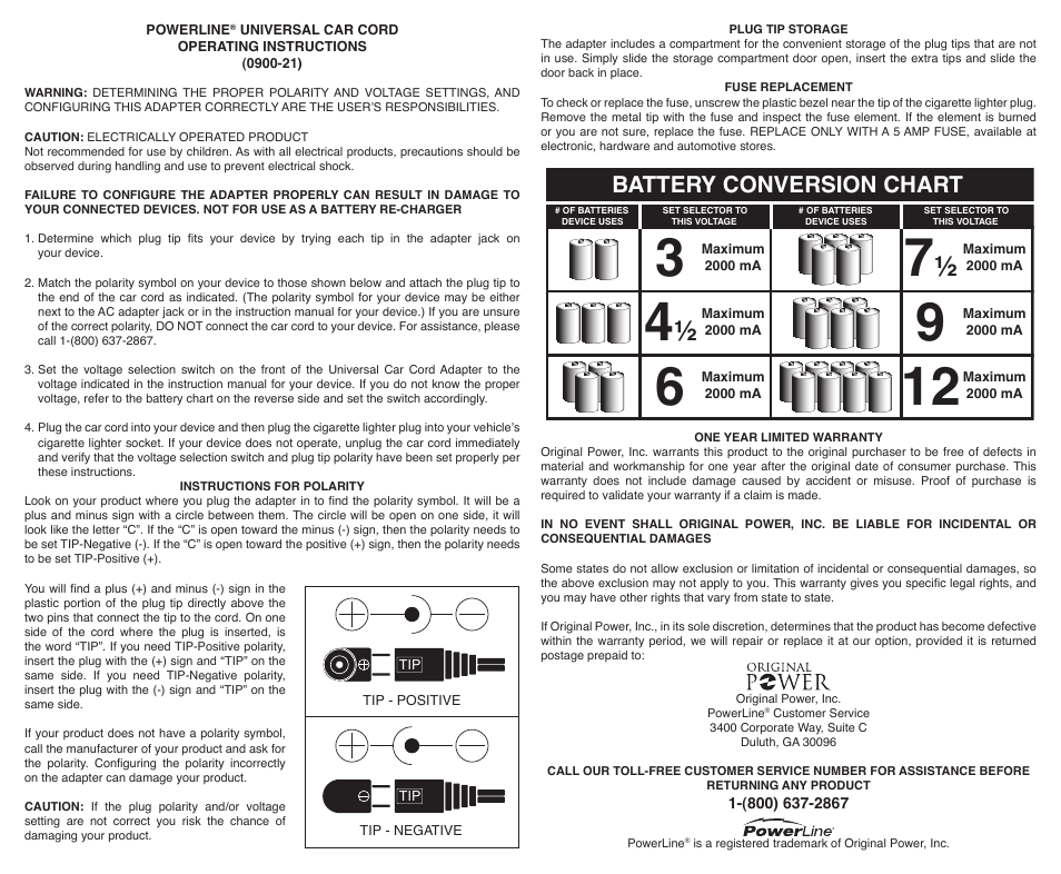 Powerline 2000 ma Car Cord Power Adapter User Manual | 2 pages