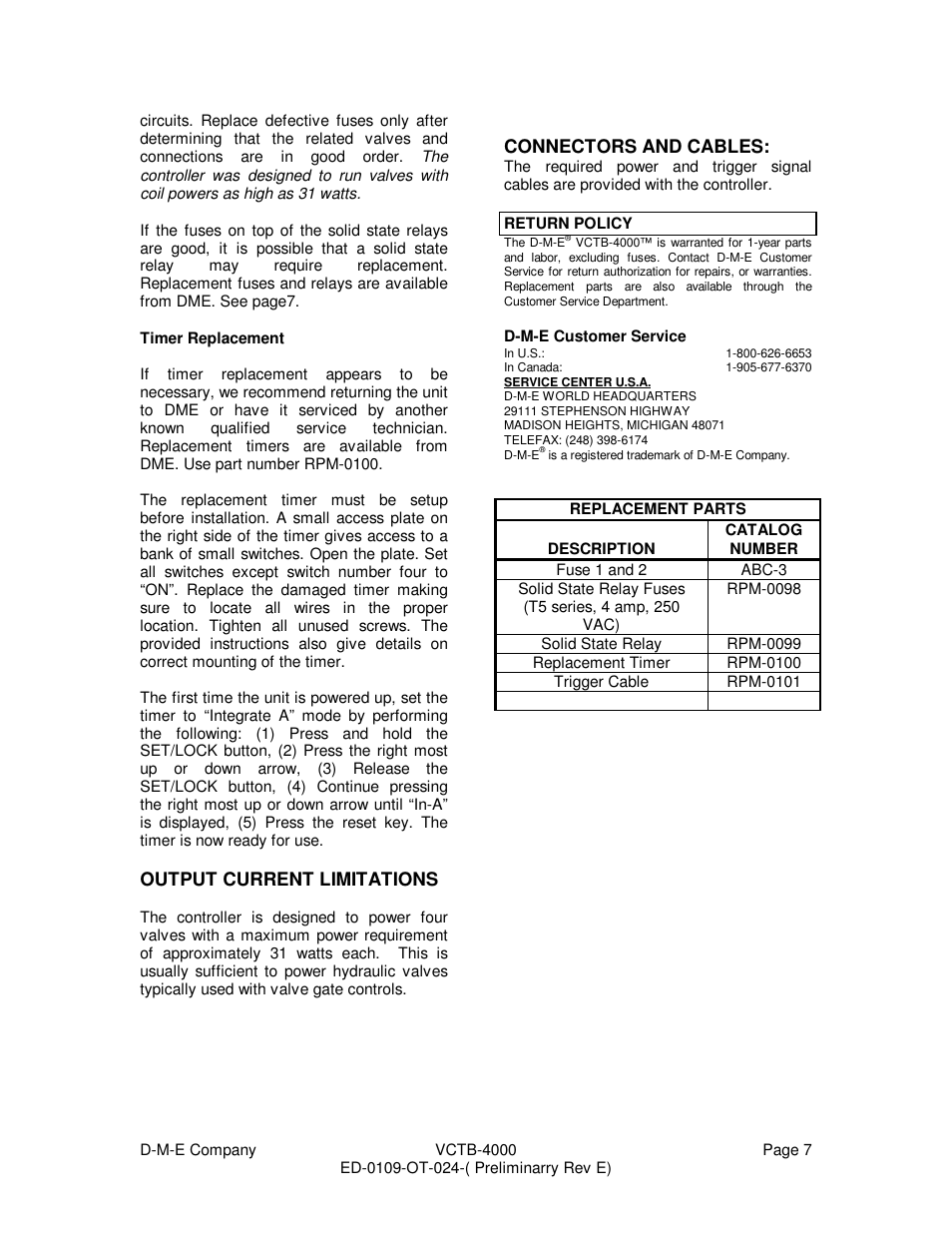 Output current limitations, Connectors and cables | DME VCTB-4000 User Manual | Page 7 / 15
