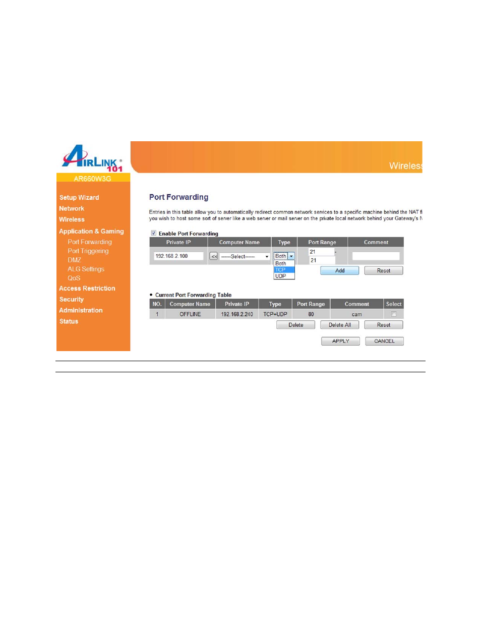 3 application & gaming, 1 port forwarding | Airlink101 AR660W3G User Manual | Page 47 / 76