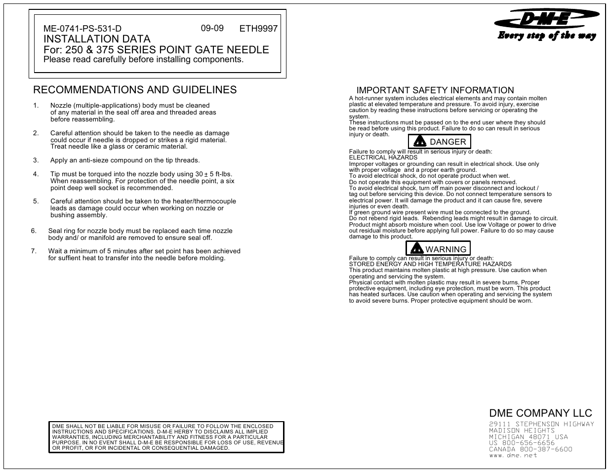 Dme company llc, Recommendations and guidelines | DME 375 Series Point Gate Needle User Manual | Page 2 / 2