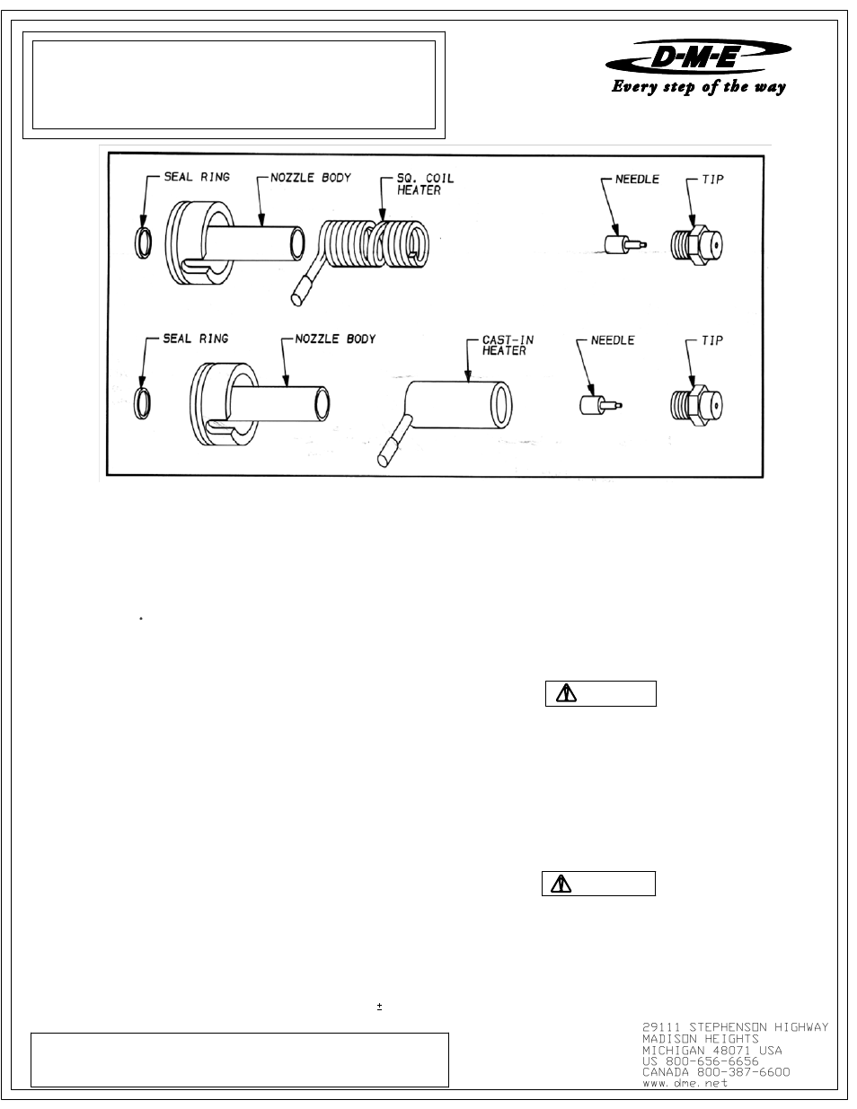 Installation data 375 series ring gate nozzle, D-m-e company, Important safety information | Rg3/is, Refer to : mini print # 1800, Danger warning | DME 375 Series Ring Gate Nozzle User Manual | Page 2 / 2