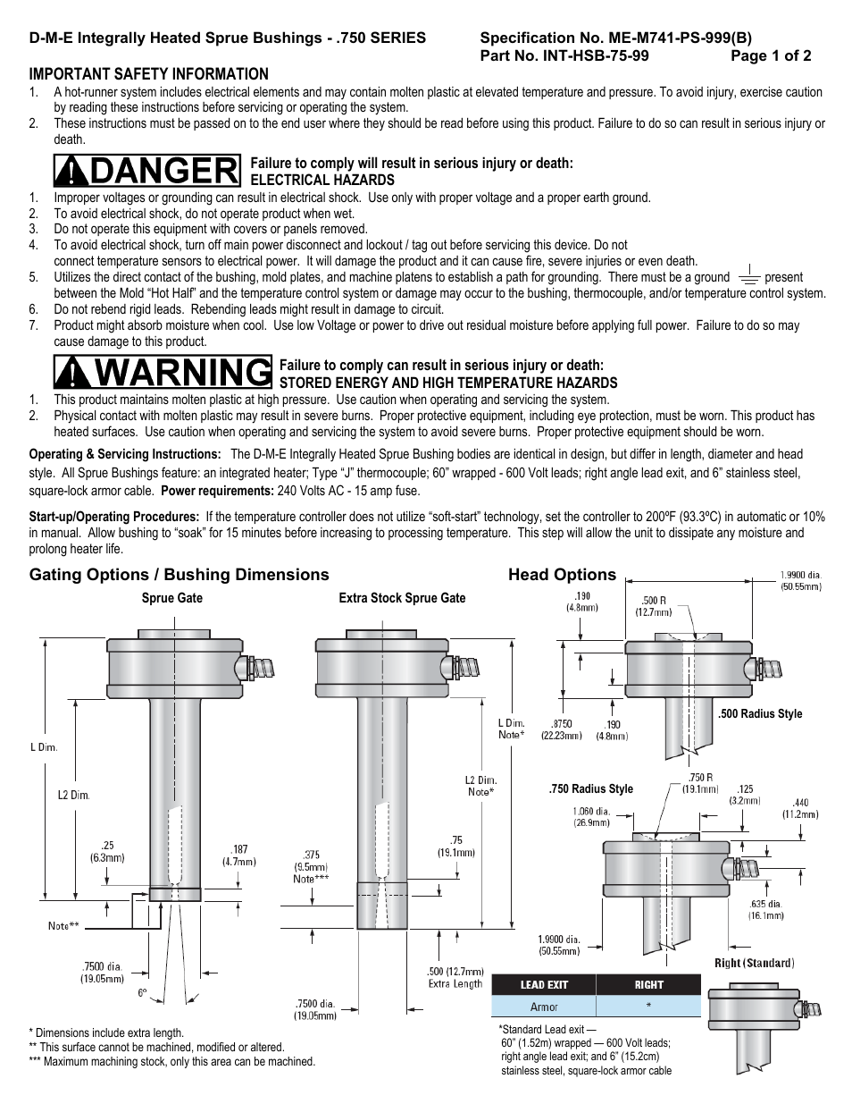 DME Integrally Heated Sprue Bushings - 750 SERIES User Manual | 2 pages