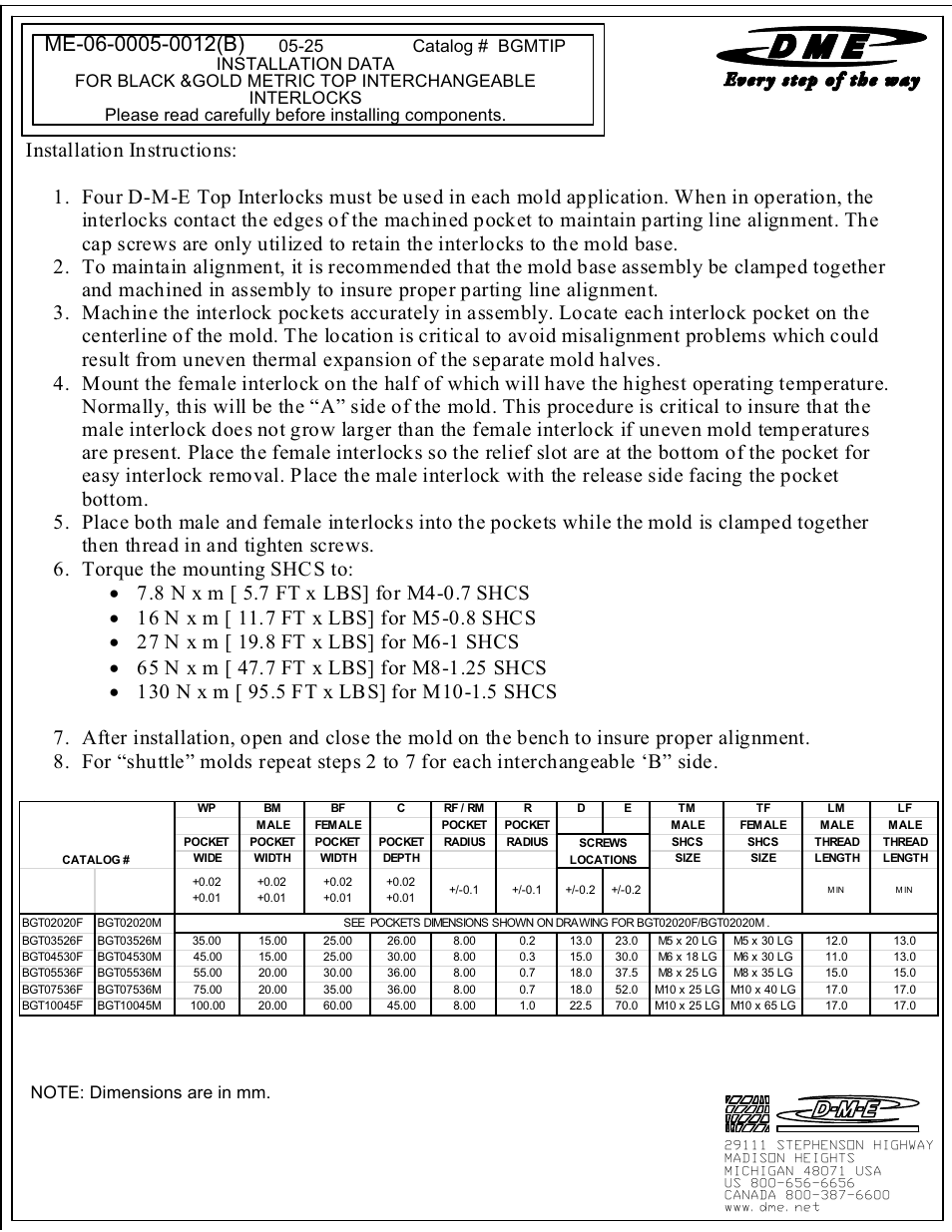 25 catalog # bgmtip | DME Black & Gold Top Interlocks (Metric) User Manual | Page 2 / 2