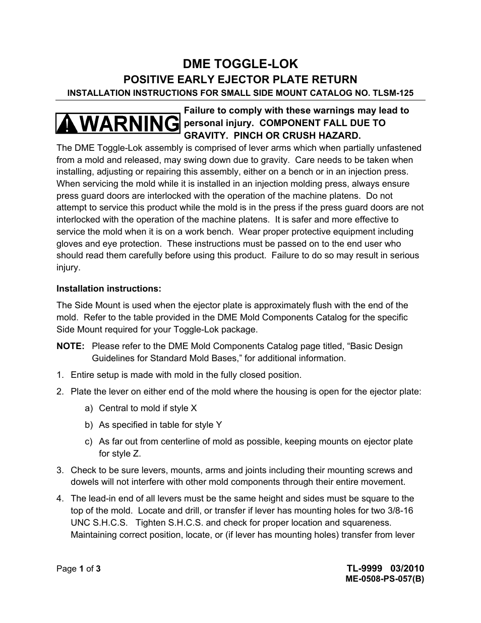 DME Toggle-Lok (Positive early ejector return) User Manual | 3 pages