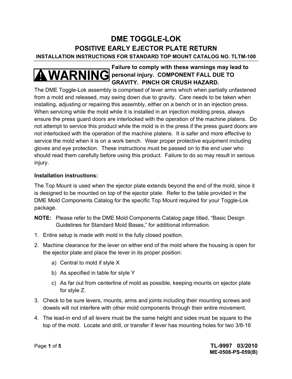 DME Toggle-Lok (Positive early ejector return) User Manual | 5 pages